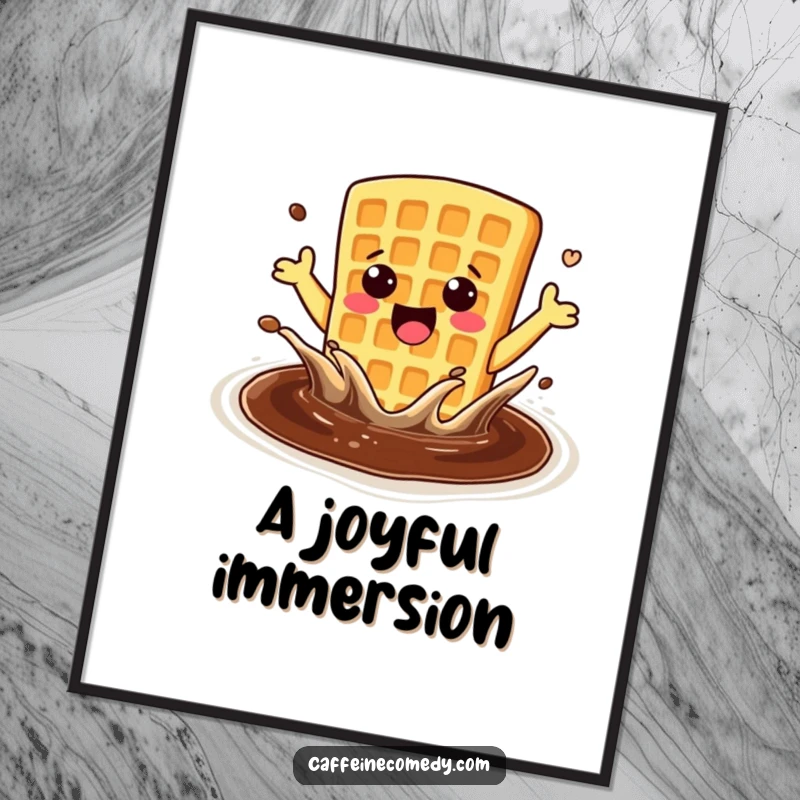 Funny, enthusiastic kawaii waffle joyfully splashing in a coffee pool, offered as a downloadable digital art print.