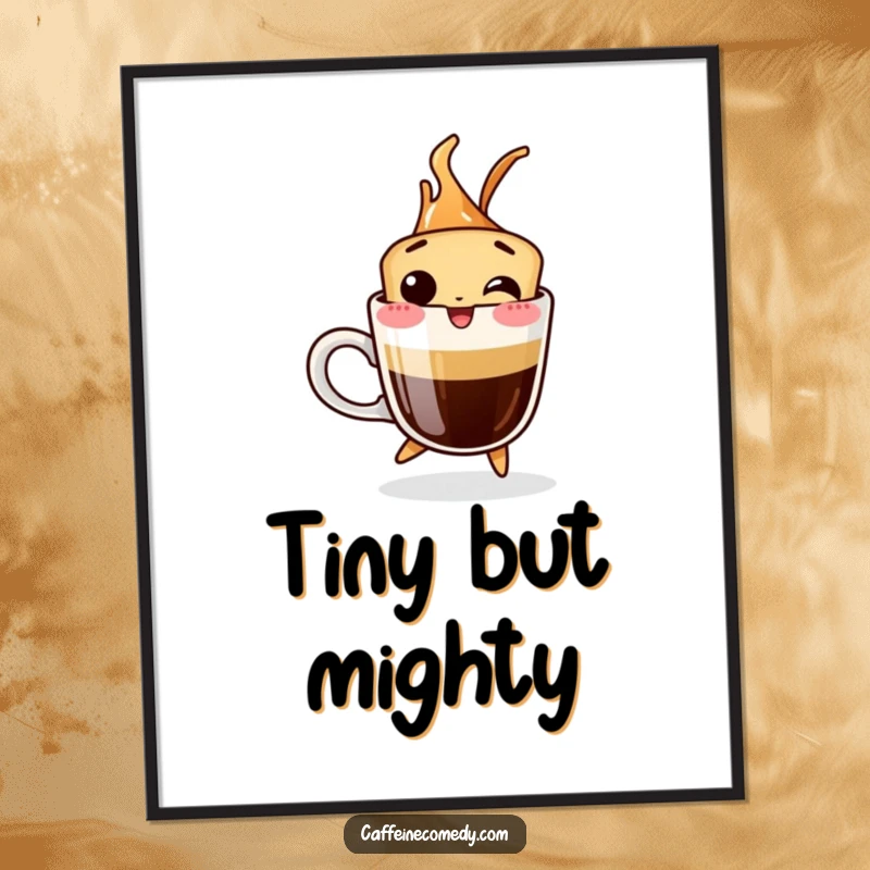 Funny digital art print of a giggling espresso shot character jumping out of a cup, perfect for instant energy decor.