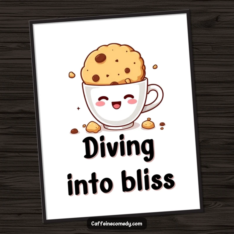 Funny kawaii cookie crumbles with delight diving into coffee, downloadable art print, crumbly wall decor, humorous digital art, cute dessert.