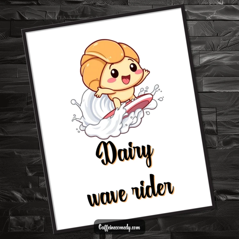 Funny Kawaii Croissant Surfing Milk Digital Art Print: High-resolution artwork of a cute croissant surfing a milk wave, bringing instant joy and humor. A downloadable funny gift.