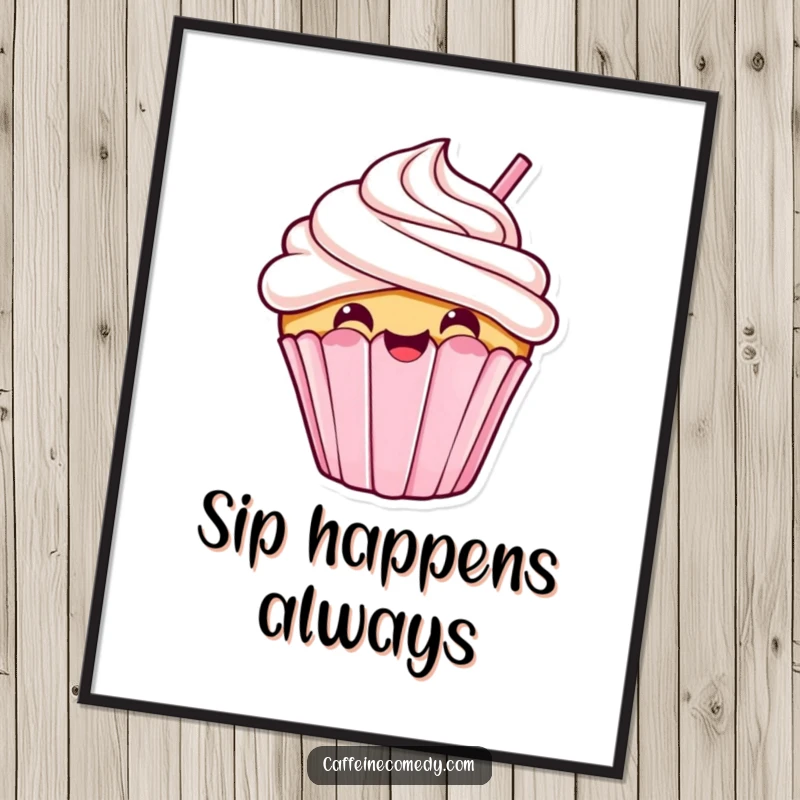 Funny kawaii cupcake taking a giant sip, downloadable art print, sweet wall decor, humorous digital art, cute dessert.