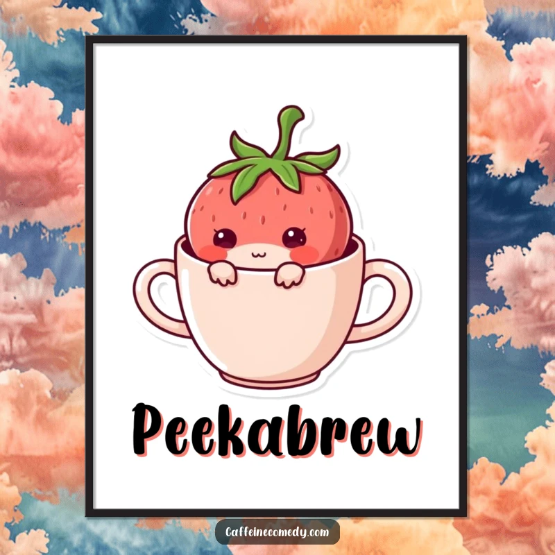 Funny Kawaii Strawberry Hiding Digital Art Print: A mischievous strawberry character hiding in a mug, perfect for instant humorous decor.