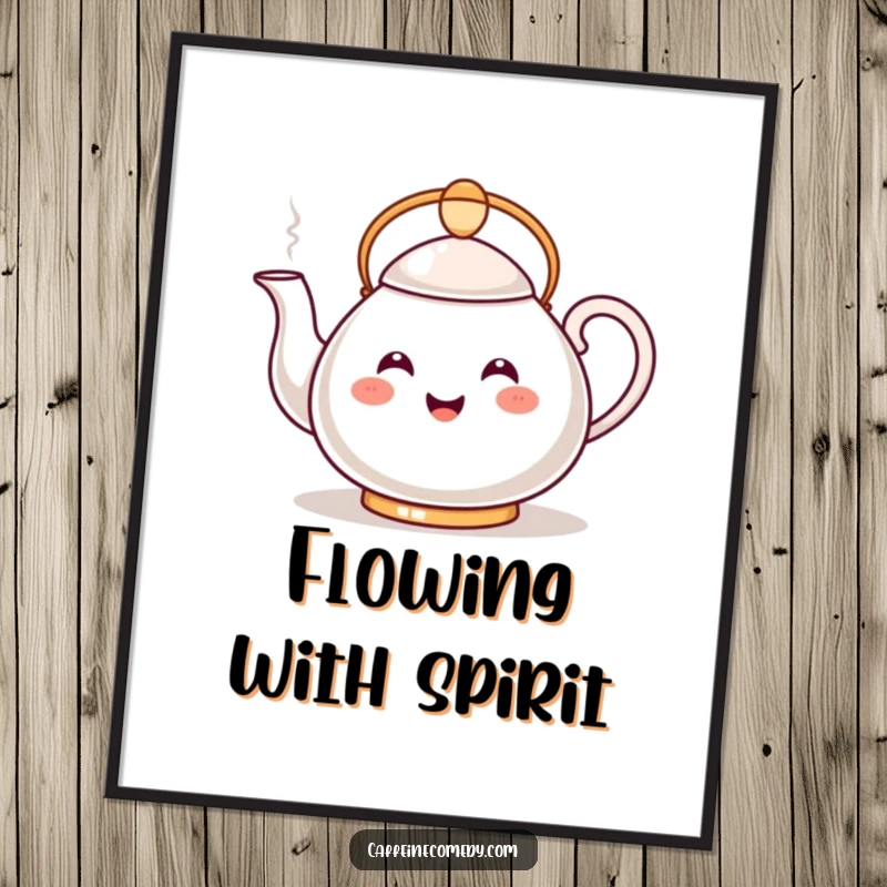 Funny Kawaii Teapot Digital Art: Printable art of a happy teapot pouring a steamy stream, bringing instant warmth and humor.