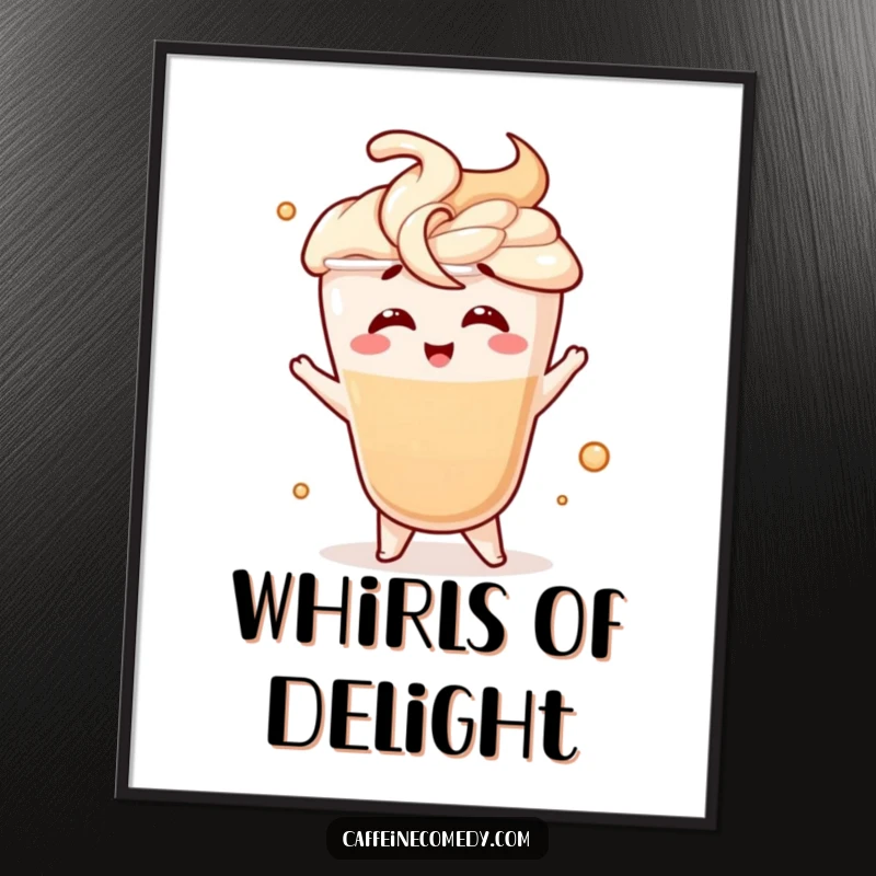 Funny digital art print of a giggling latte character doing a fancy swirl motion, perfect for instantly adding playful charm.
