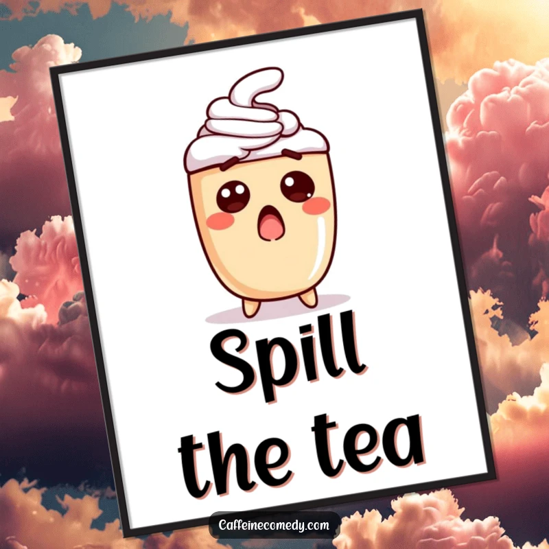 Funny digital art print of a shocked latte character, perfect for wall decor, conveying surprise and adding humorous coffee-themed charm.