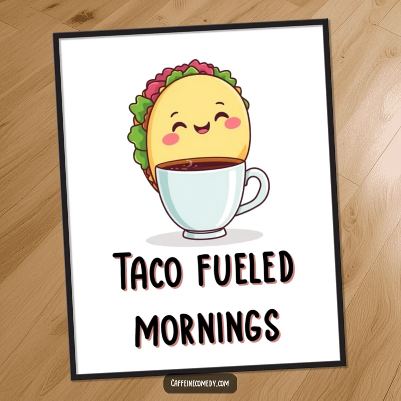 Funny digital art print of a happy taco holding a steaming coffee cup, adding a burst of flavor and humor to any space.