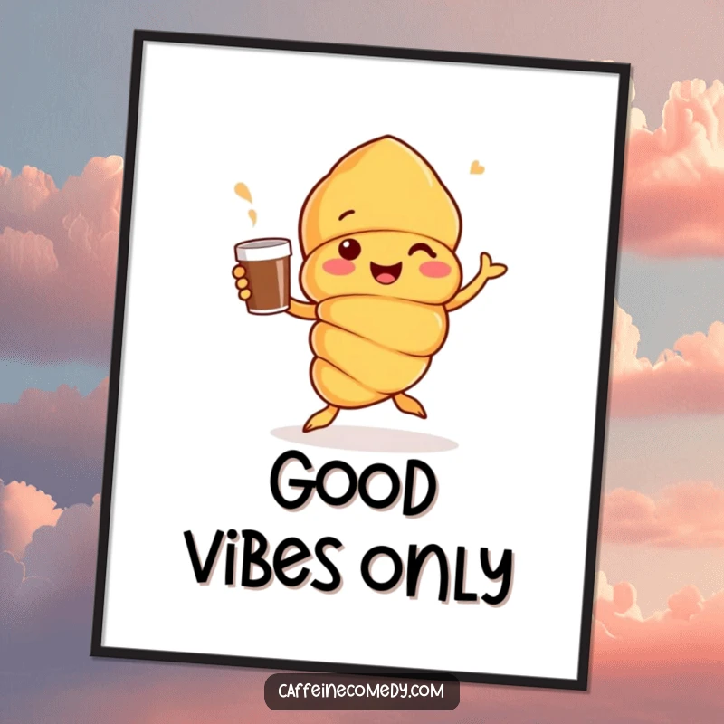 Funny Croissant character performing an energetic jig while holding a coffee cup, high-resolution digital art for vibrant wall decor.