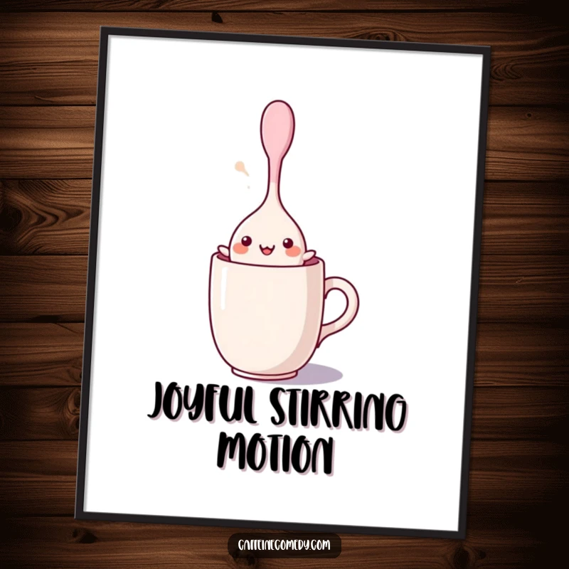 Funny kawaii stirring spoon character dancing joyfully inside a mug, offered as a high-resolution digital art print for instant wall decor.