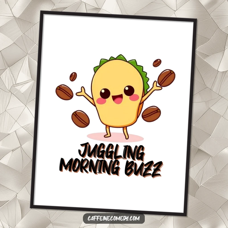 Funny Kawaii Taco Juggling Coffee Digital Art Print: High-resolution art of a cute taco juggling coffee beans, bringing instant energy and humor. A downloadable funny gift.