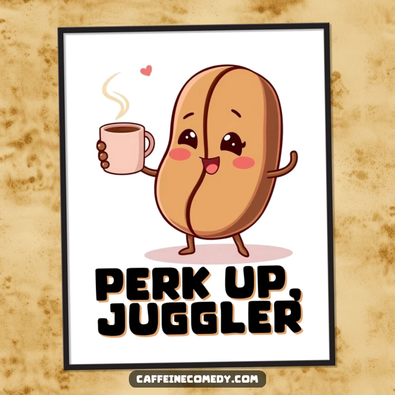Funny digital art print of a winking coffee bean character juggling a steaming coffee mug, perfect for instant wall decor.