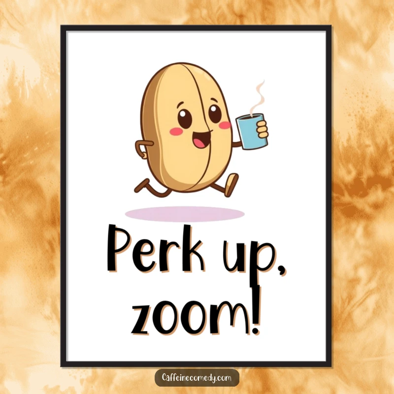 Funny Kawaii coffee bean character in a dynamic sprint, holding a steaming mug, available as a high-resolution digital art print.