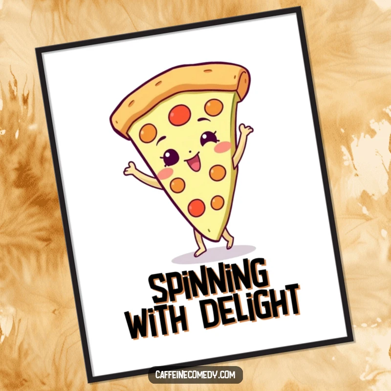 Funny Pizza Digital Art Print: A gleeful pizza slice character captured mid-spin, bringing vibrant, humorous energy.