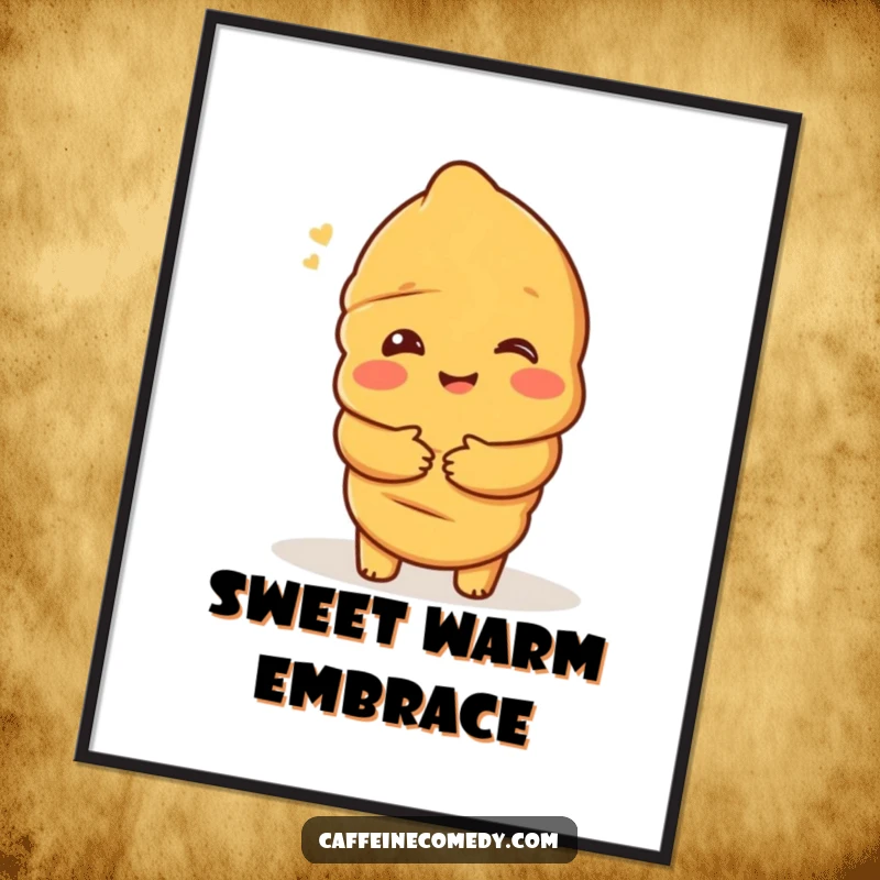 Funny digital art print of a delighted croissant character offering a warm hug, perfect for instantly adding comforting cheer.