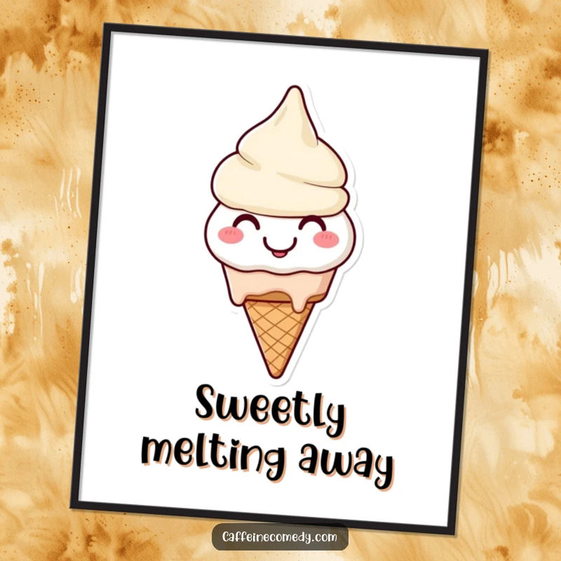 Funny Ice Cream Digital Art Print: A smiling ice cream cone character cheerfully melting, bringing sweet, humorous charm.