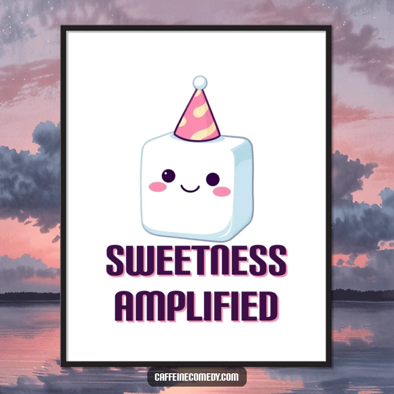 Funny sugar cube in a party hat, digital art print radiating happiness and humor, instantly downloadable and frameable.