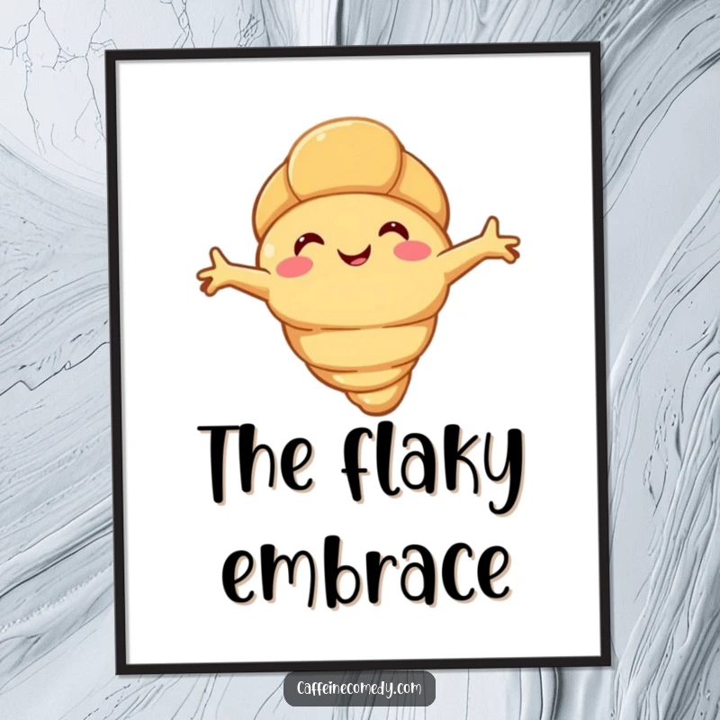 Funny happy croissant character stretching its flaky arms, in a cozy digital art print for humorous and warm digital decoration.