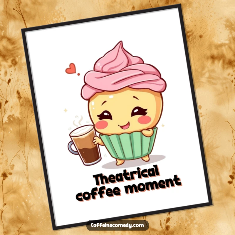 Funny digital art print of a giggling cupcake character in a dramatic pose with a frothy coffee, offering instant humorous decor.