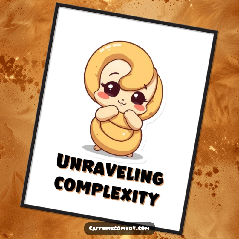 Funny pretzel digital art print depicting a curious pretzel character humorously unraveling, adding quirky charm to any room.