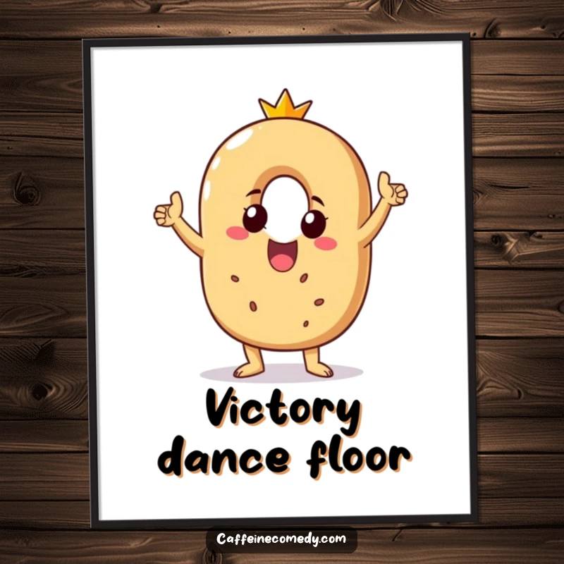 Funny digital art print of a beaming bagel character doing a victory dance, perfect for adding cheerful and humorous wall decor.
