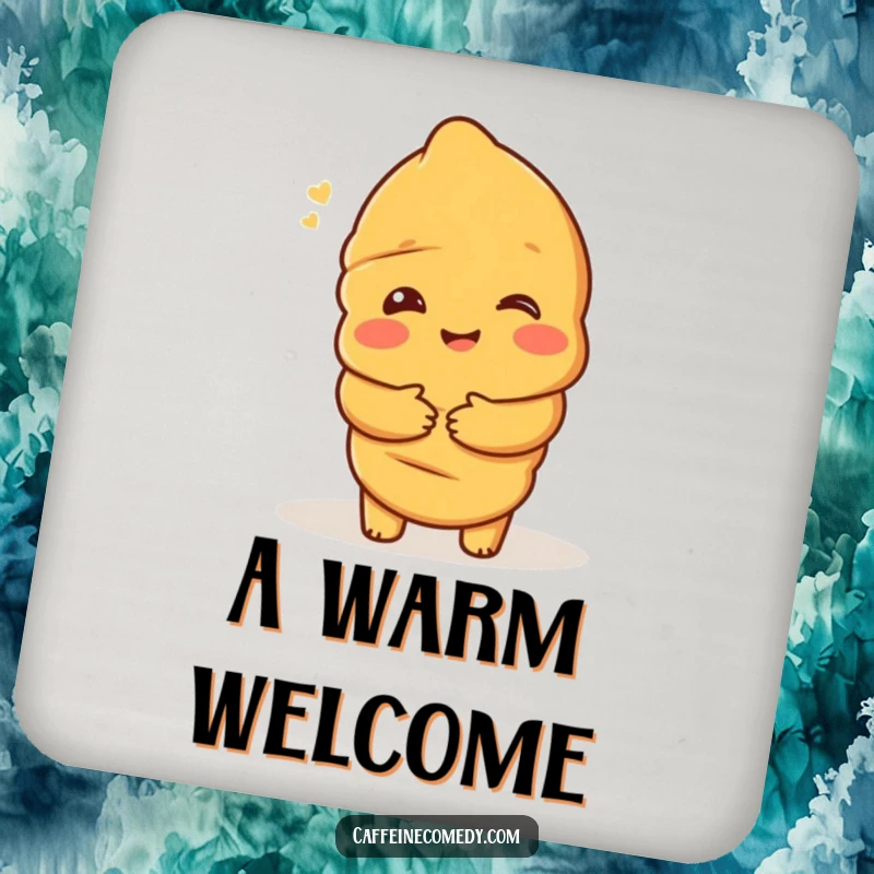 Funny drink coaster featuring a delighted croissant character offering a warm hug, adding a touch of comforting sweetness.