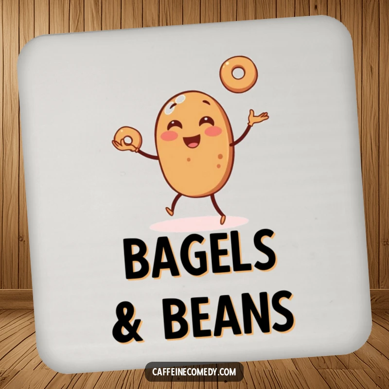 Funny drink coasters featuring a dynamic coffee bean juggling bagels, protecting surfaces with a dose of delightful humor.
