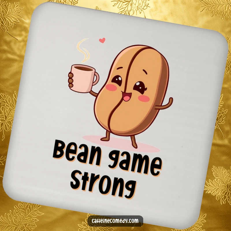 Funny drink coasters featuring a winking coffee bean juggling a steaming coffee cup, protecting surfaces with style.