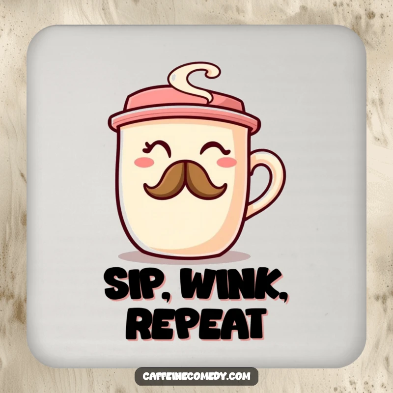 A chubby coffee cup character winking with a steam mustache, designed on drink coasters for morning humor.