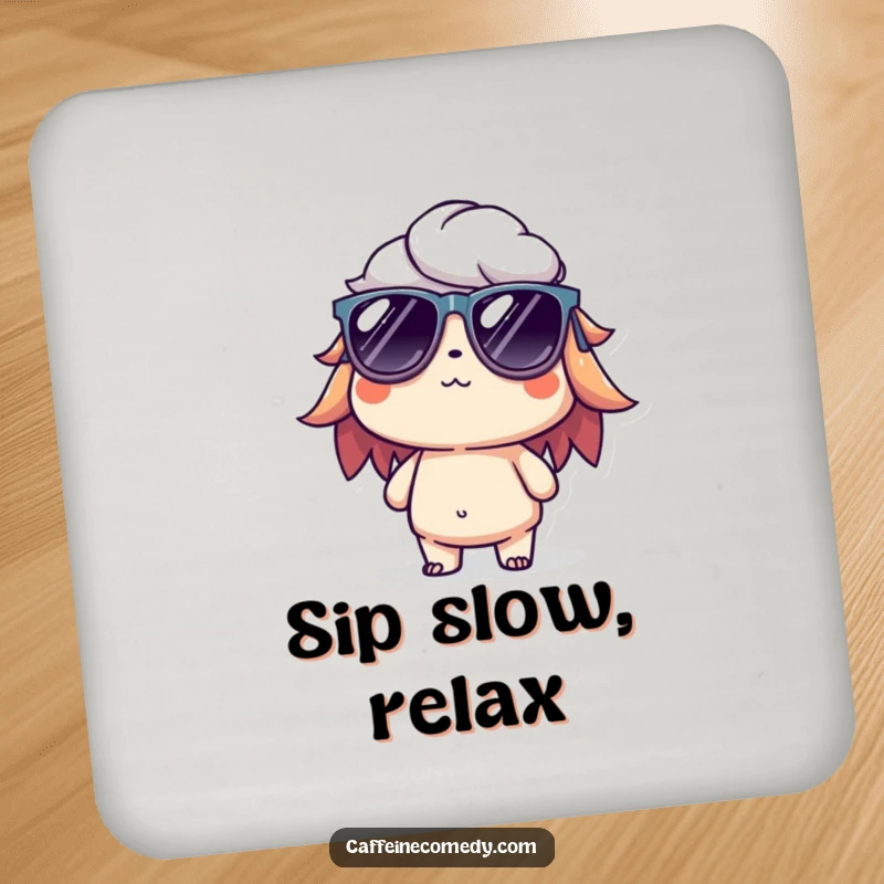 Funny drink coaster featuring a cool cold brew character with tiny sunglasses, adding a relaxed and humorous touch to any table.