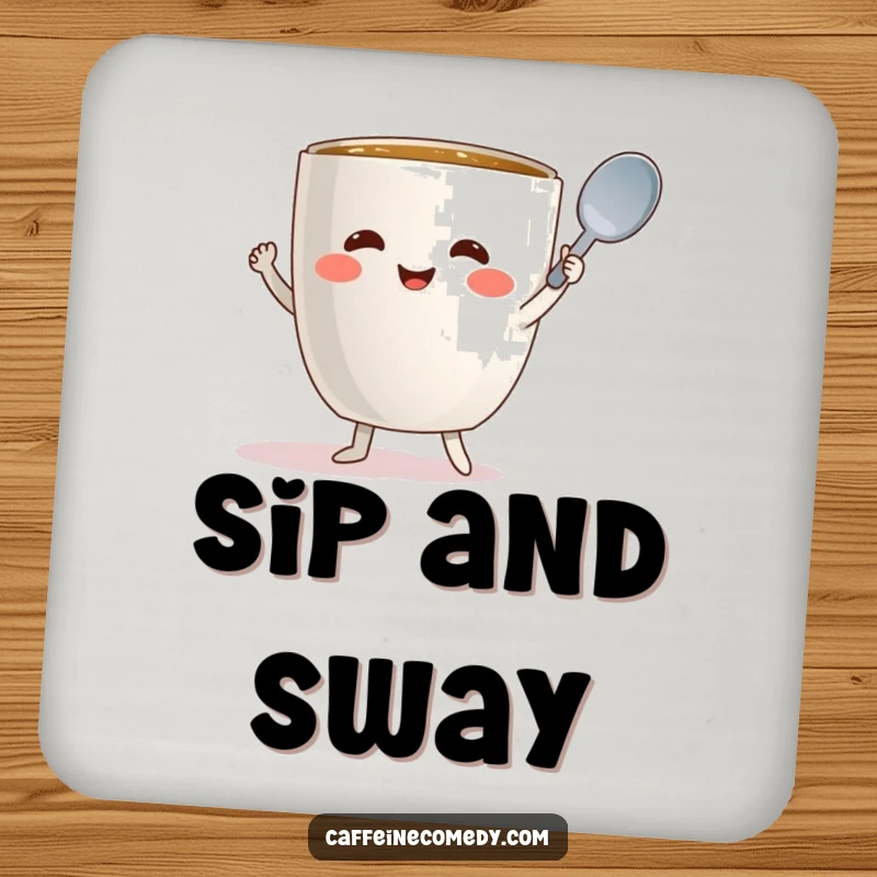 Funny coffee mug character dancing with a spoon on a protective drink coaster.