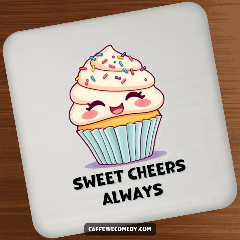 Funny drink coasters featuring a giggling cupcake with sprinkle hair, adding a touch of sweet fun and surface protection.