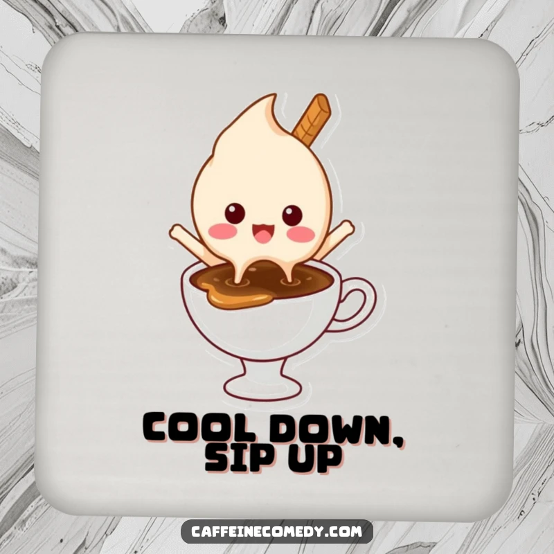 Funny coaster featuring a delighted ice cream character melting happily into a hot coffee, protecting surfaces with sweet humor.