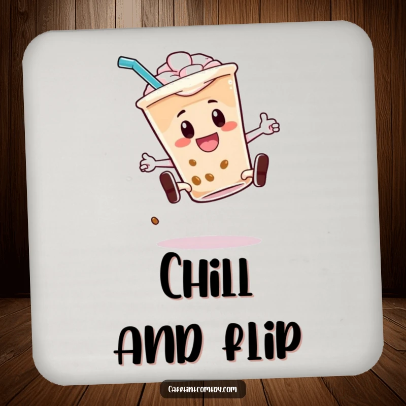 Funny coaster with an energetic iced coffee character doing a kickflip with its straw, adding cool vibes and protection.
