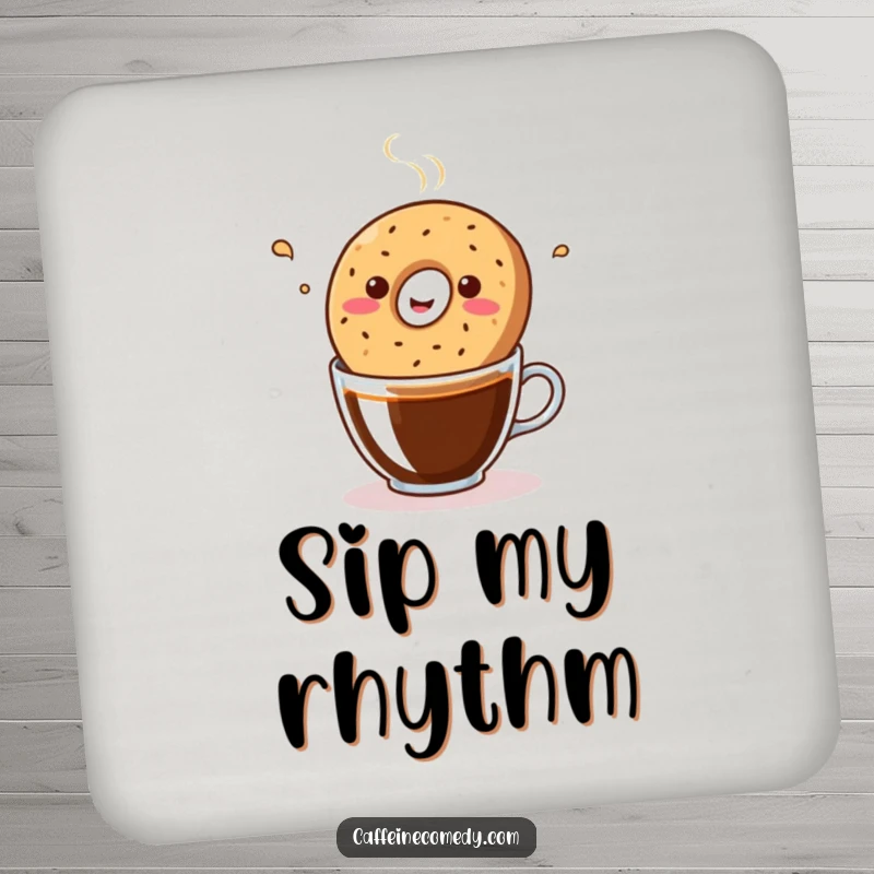 Funny kawaii bagel bopping rhythmically in a coffee cup, designed as a protective and humorous drink coaster.