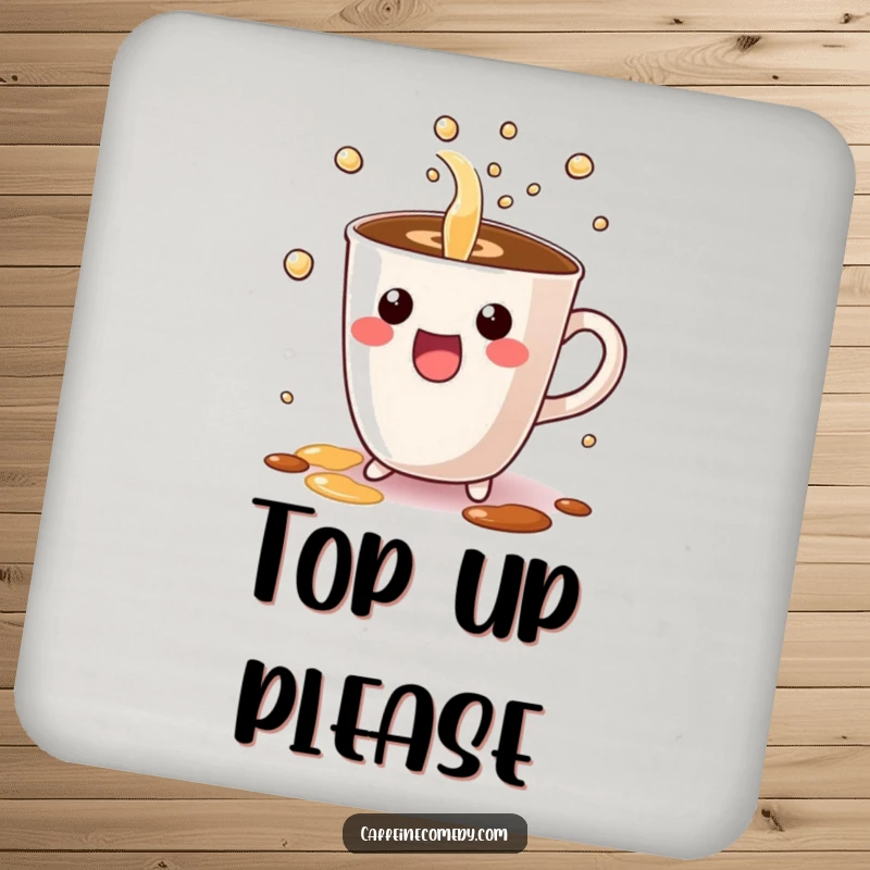 Funny drink coaster with a Kawaii coffee cup character excitedly pouring bubbly liquid, protecting surfaces with cute and humorous design.