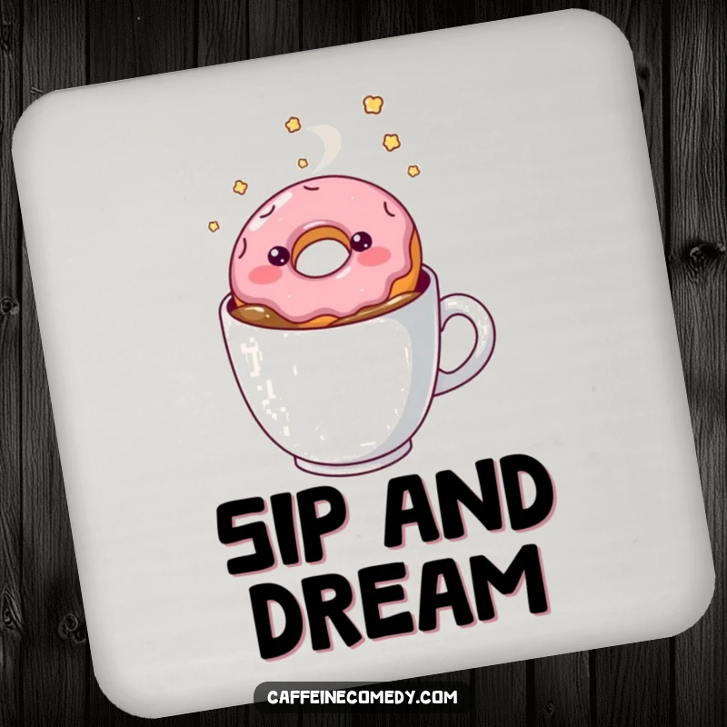 Funny kawaii doughnut floating in coffee, set of coasters, protect furniture, sweet and humorous drink accessory, dessert-themed decor.