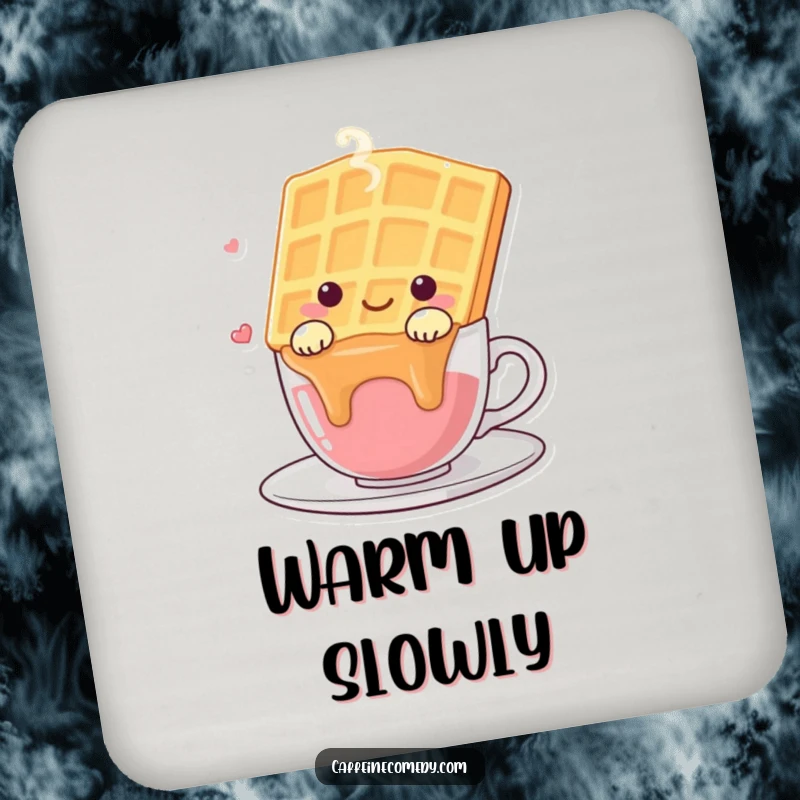 Funny kawaii waffle character happily draped over a steaming cup, on a colorful and humorous drink coaster.