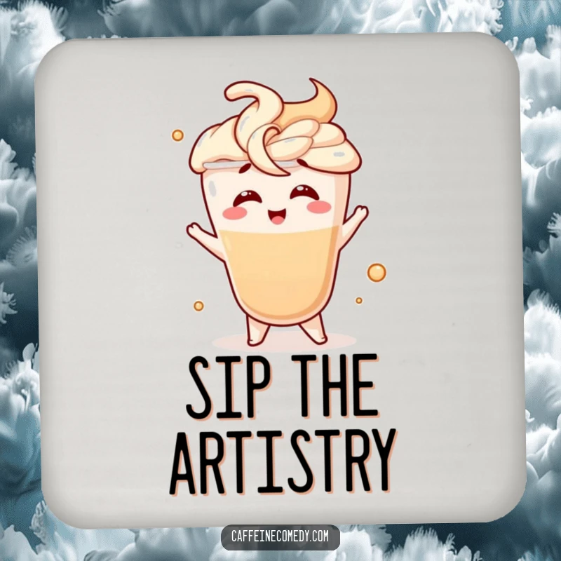 Funny drink coaster featuring a giggling latte character in a fancy swirl motion, adding playful decor to any surface.