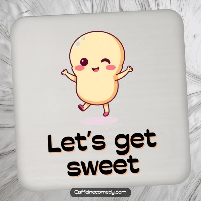 Funny macaron coasters featuring a cute macaron character doing a lively dance, protecting surfaces with style.