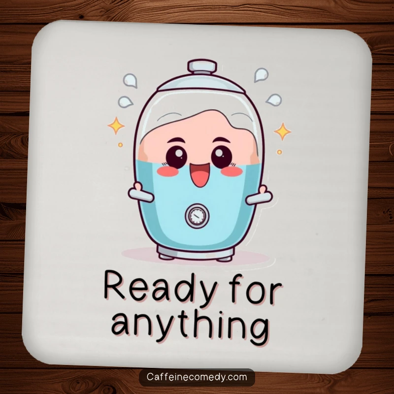 Funny drink coaster featuring a determined percolator character, actively bubbling with excitement, adding energetic humor.