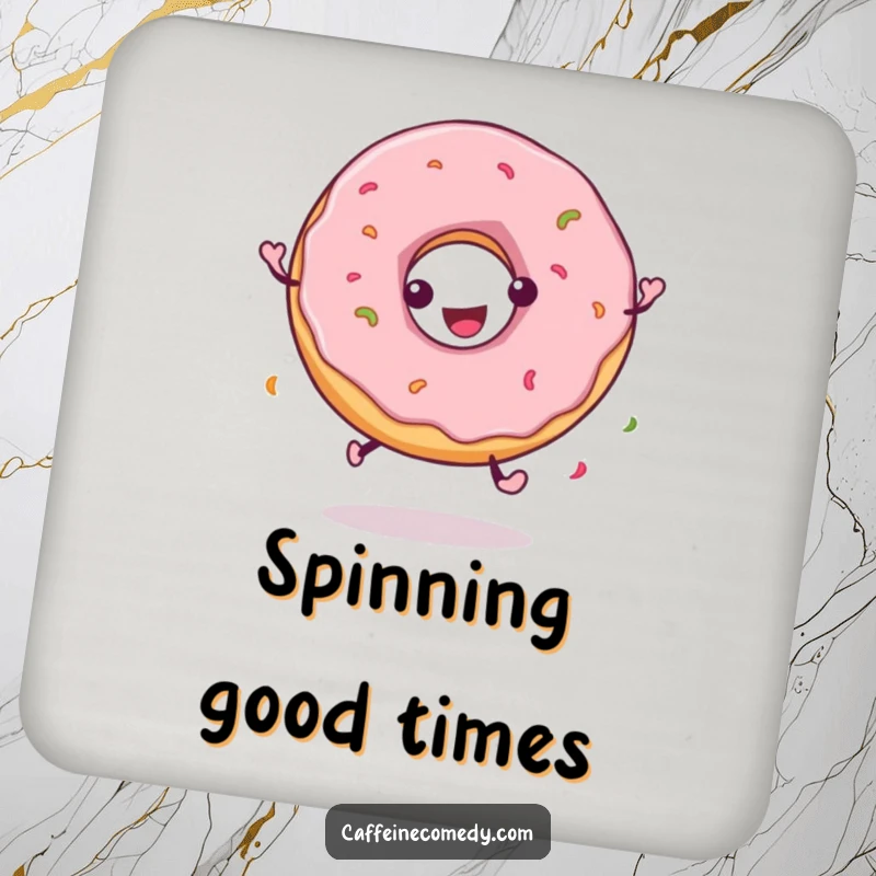Funny drink coaster with a playful donut character spinning happily, bringing a sweet and humorous vibe to any table.