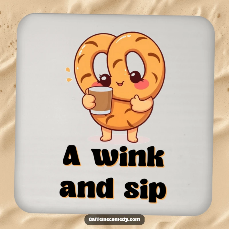 Funny coaster featuring a curious pretzel character offering a coffee cup with a friendly wink, protecting surfaces with humor.