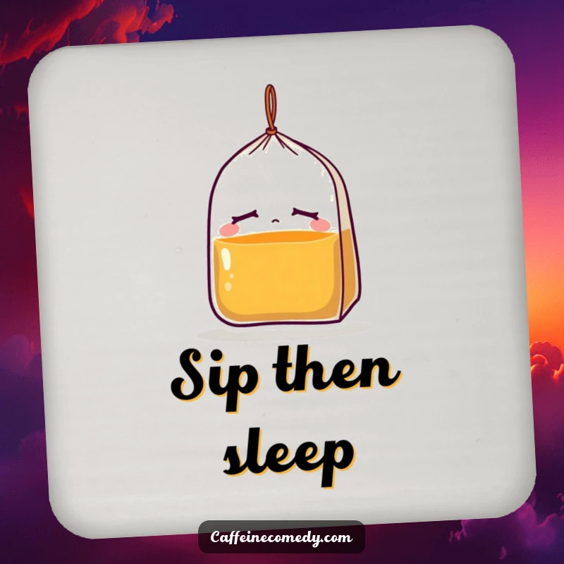 Funny drink coasters featuring a sleepy tea bag character, protecting surfaces with a humorous and relaxed design for your beverages.