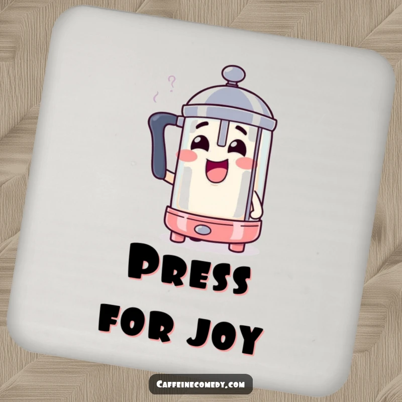 Funny French press character steaming with excitement on a protective drink coaster.