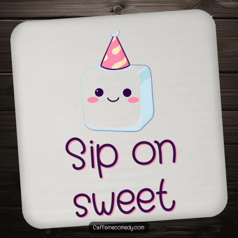 Funny sugar cube wearing a party hat, a cute and humorous design on a drink coaster for tables.