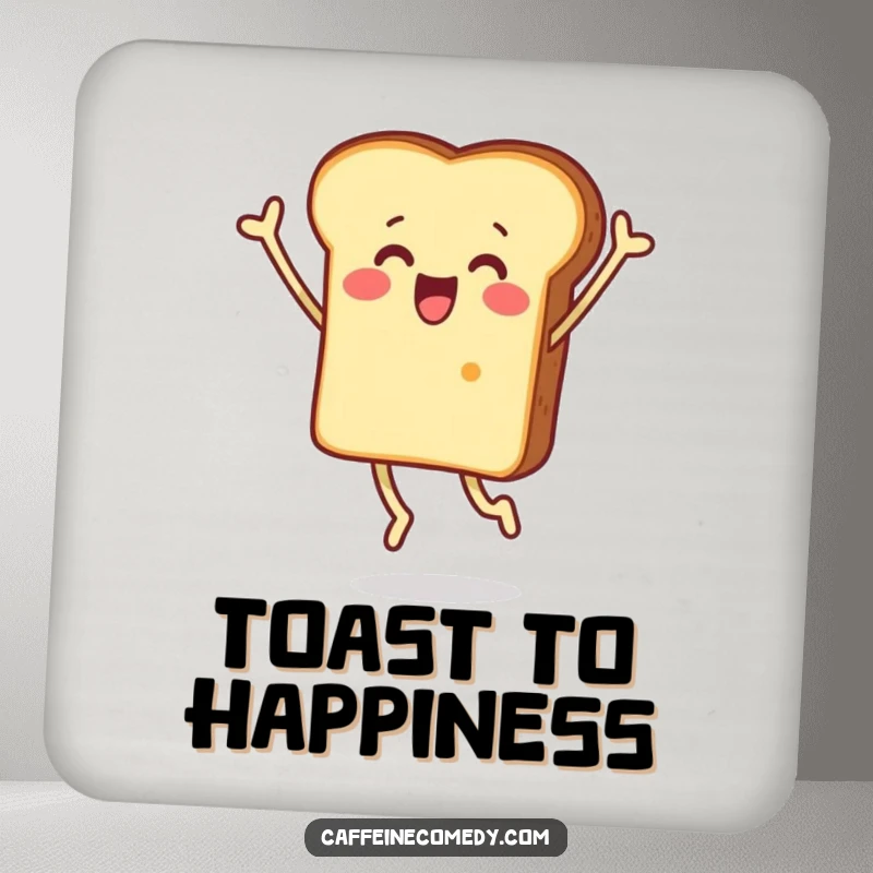 Funny drink coaster with a surprised piece of toast character jumping happily, bringing a humorous and surprising vibe to any table.