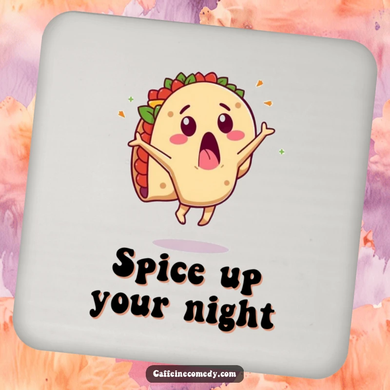 Funny drink coasters showcasing a surprised taco character mid-cartwheel with its fillings scattered. Protects surfaces with messy charm.