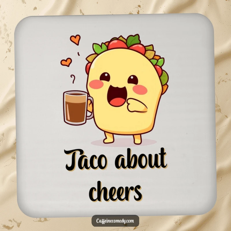 Funny cute taco character toasting a coffee mug, protects surfaces with a festive flair, ideal for taco themed parties.