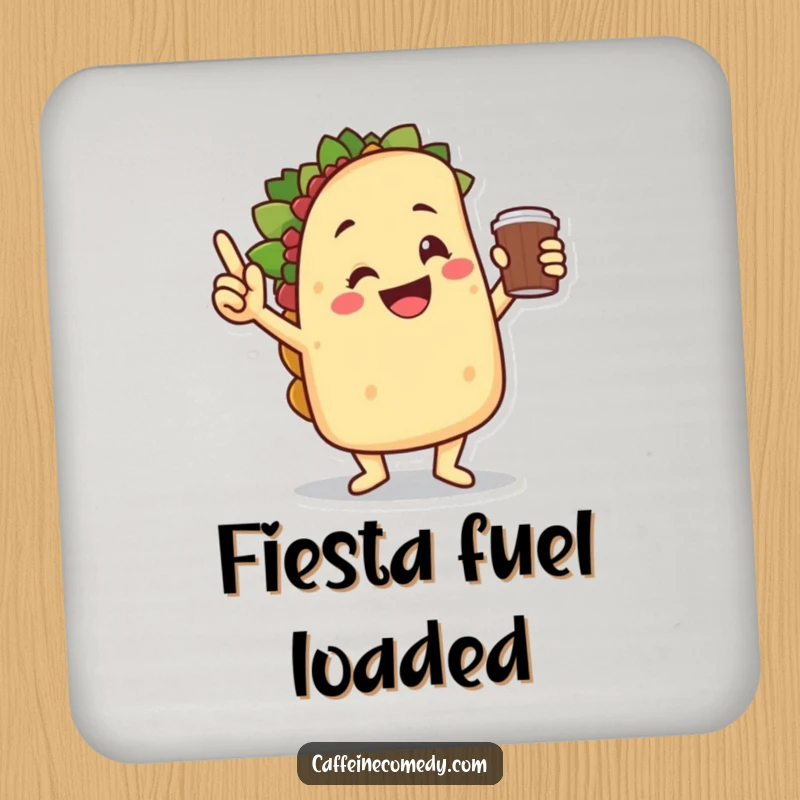 Funny smiling taco character doing a victory dance while holding a coffee cup, protecting surfaces with humor.