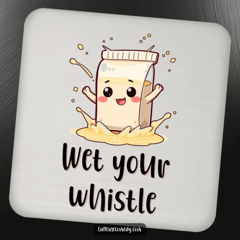 Funny drink coaster with a mischievous tea bag character playfully splashing, protecting surfaces with a humorous design.