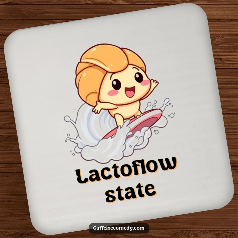 Funny Kawaii Croissant Surfing Milk Coasters: Set of coasters with a cute croissant riding a milk wave, protecting surfaces with humor. A functional funny gift.